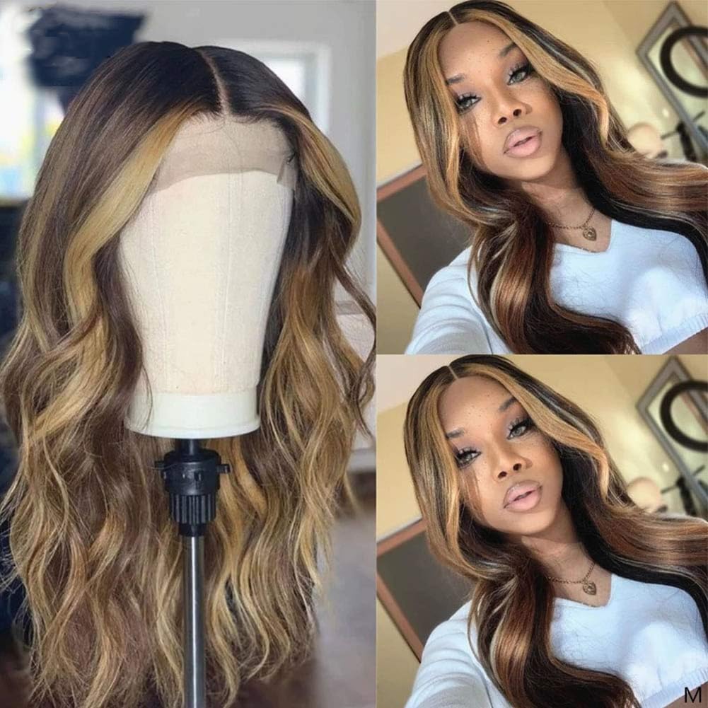Body Wave Style Highlight Ombre Lace Frontal Wig Human Hair Wigs #4/27 Brown with Honey Blonde Color for Black Women Pre Plucked Hairline 150% Density 20 Inch