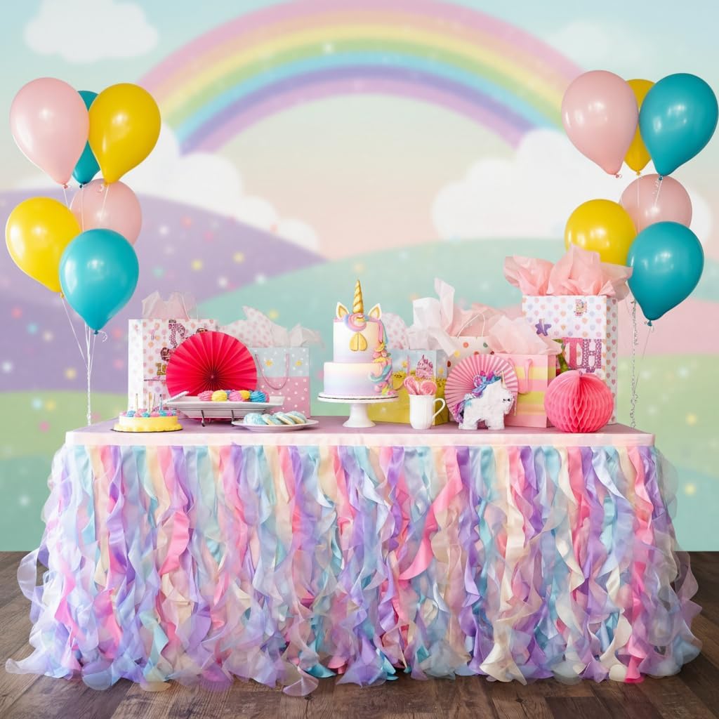 BLUEKATE Rainbow Tutu Table Skirt. 6ft with Double Layer Organza Willows for Unicorn Party Supplies, Rainbow Decorations, 1st Birthday , Baby Shower Décor or Mermaid Backdrop