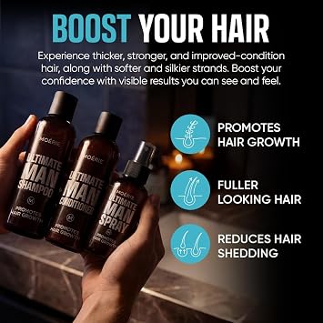 Moerie Ultimate Men Hair Boost Shampoo, Conditioner and Spray for Men, Hair Loss Solution with Biotin and Rosemary, Thickening Hair Regrowth Set with Serum Level Care for Thinning Hair