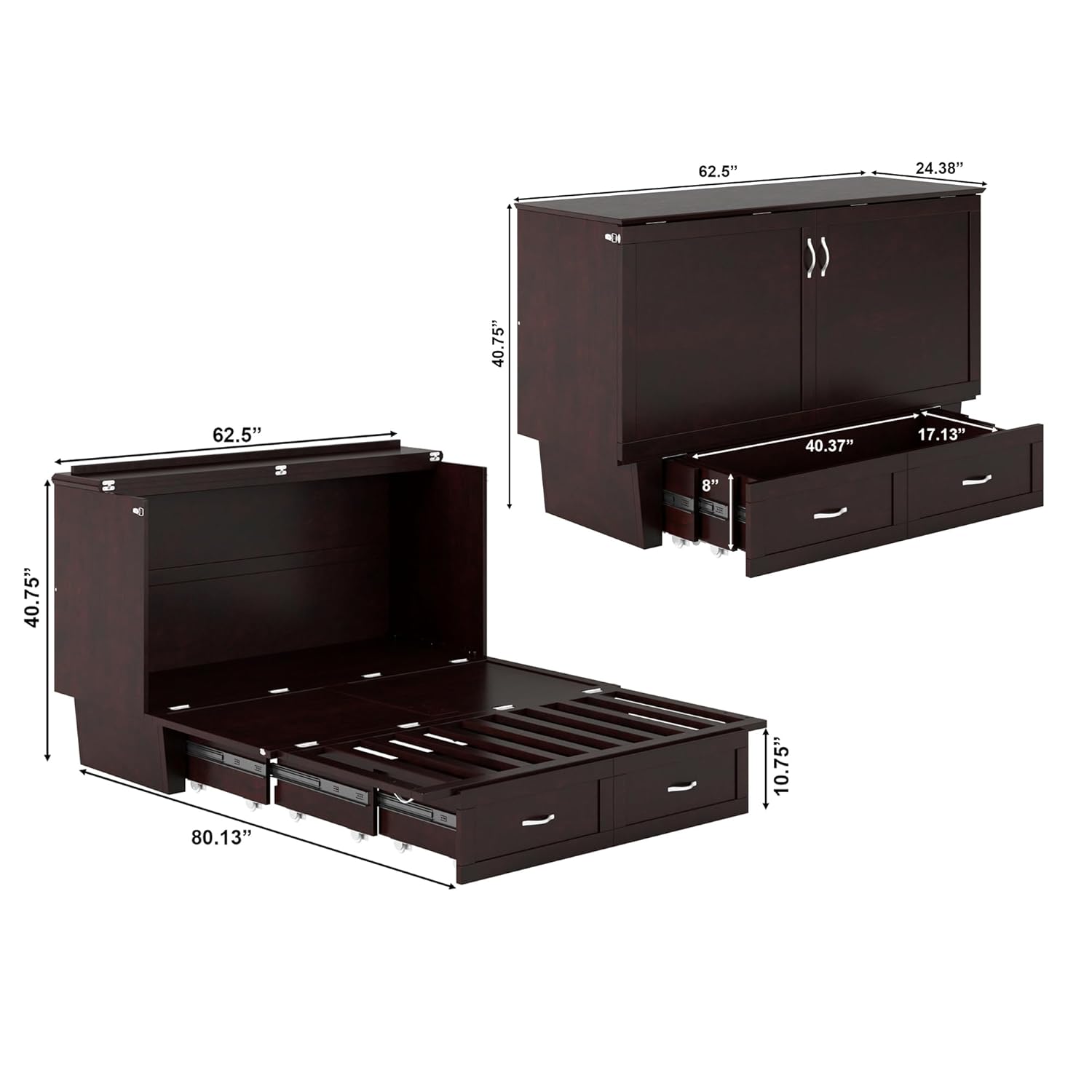 AFI, Chelsea Mid-Century Modern Queen Solid Wood Murphy Bed Chest with 6" Mattress, Storage Drawer & Built-in USB Charger, Espresso