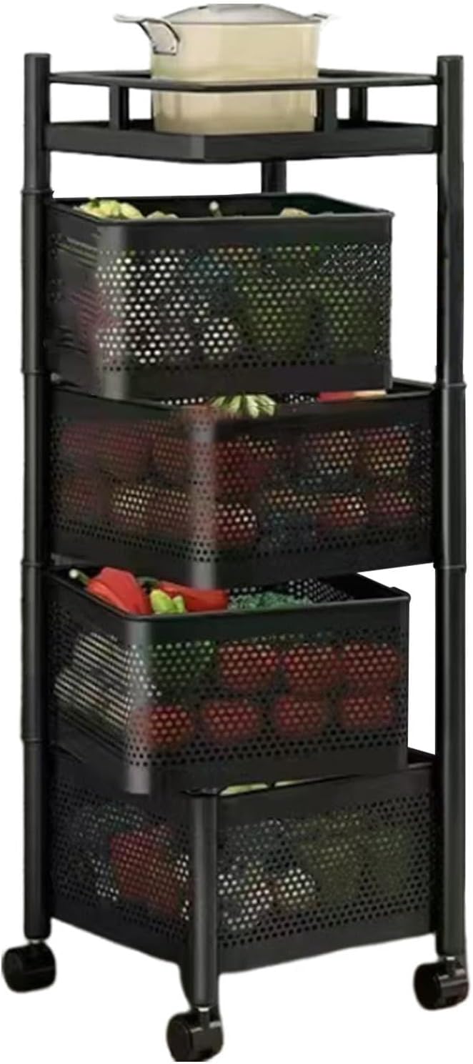 Rolling Kitchen Organizer Cart - Storage Rack with Wire Baskets.Rotatable Multi-Layer Kitchen Storage Rack - Large Capacity Fruit & Vegetable Organizer for Efficient Snack & Produce Storage,