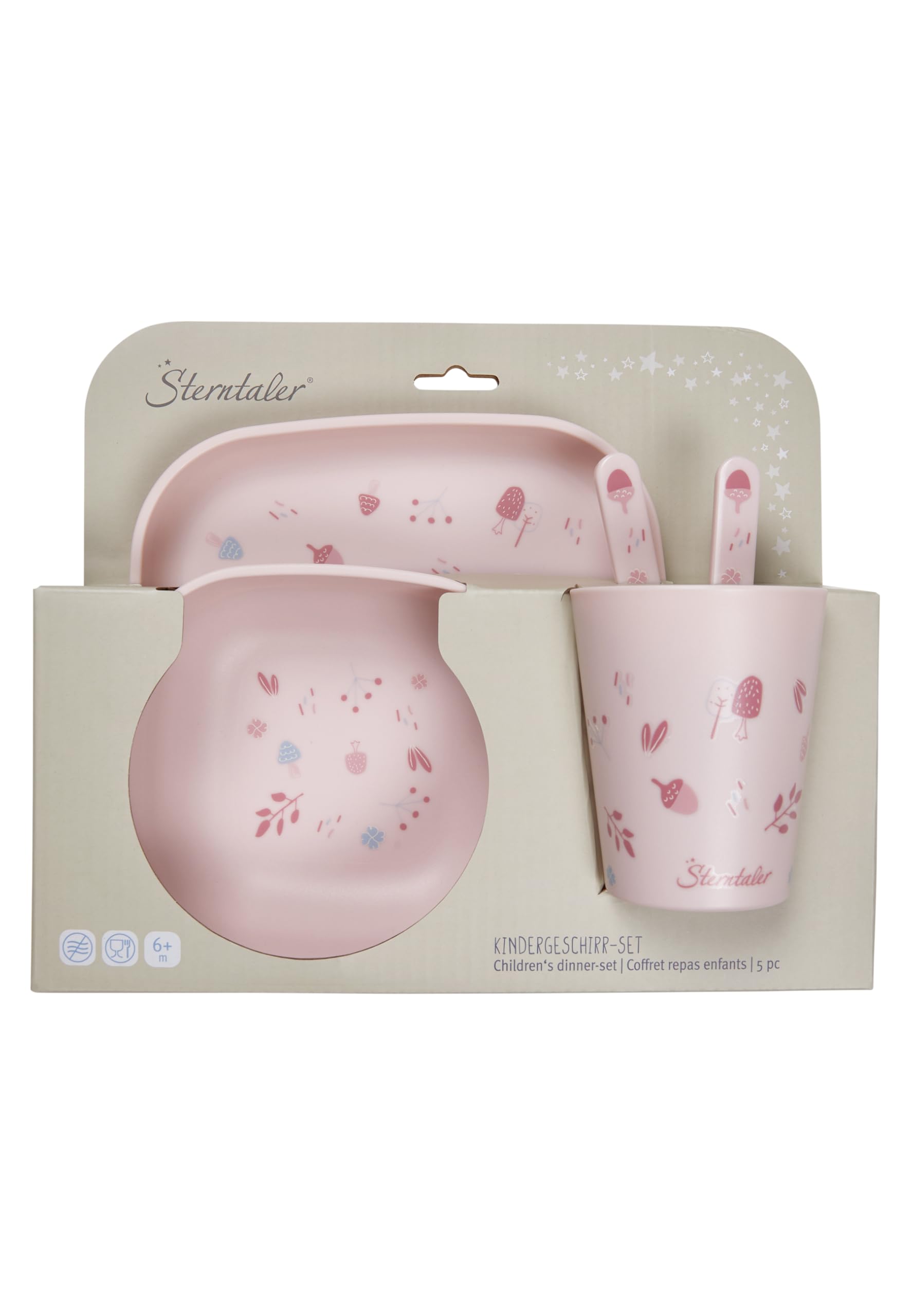 Sterntaler Geschirrset Hase Hanni - 5-teilig - modische, eckige Form mit Motivdruck - Teller, Schale, Becher & Besteck - langlebig & lebensmittelecht - Geschenk-Set für Mädchen, quarzrosa