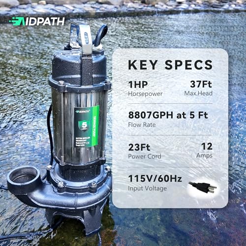 AIDPATH 8807 GPH, 1 HP Sewage Sump Pump Submersible, Auto Float Switch, 115V, 2\" NPT Discharge for Basement, Trash, Sludge, Septic Tank, Sewer, SS Pump Casing, E-Coated Semi-Open Cast Iron Impeller - Thumbnail 2