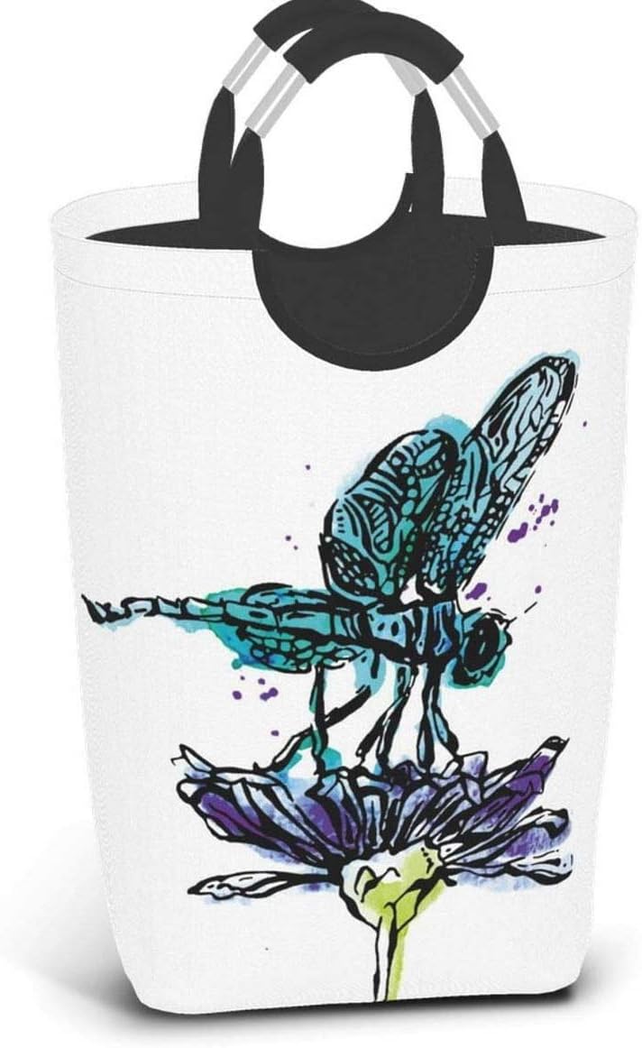 Dragonfly on Purple Flower Laundry Hamper Dirty Clothes Bag Collapsible Laundry Basket Toys Storage Organizer with Handles for College Dorms Bedroom Bathroom