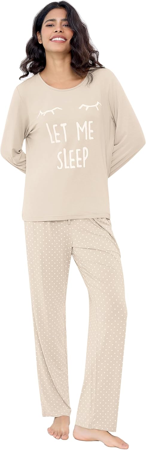 Joyaria Women Bamboo Viscose Pajama Set Super Soft Comfy Cooling Long Sleeve Cute Printed PJ Top & Polka dot Pant with Pocket - Image 5