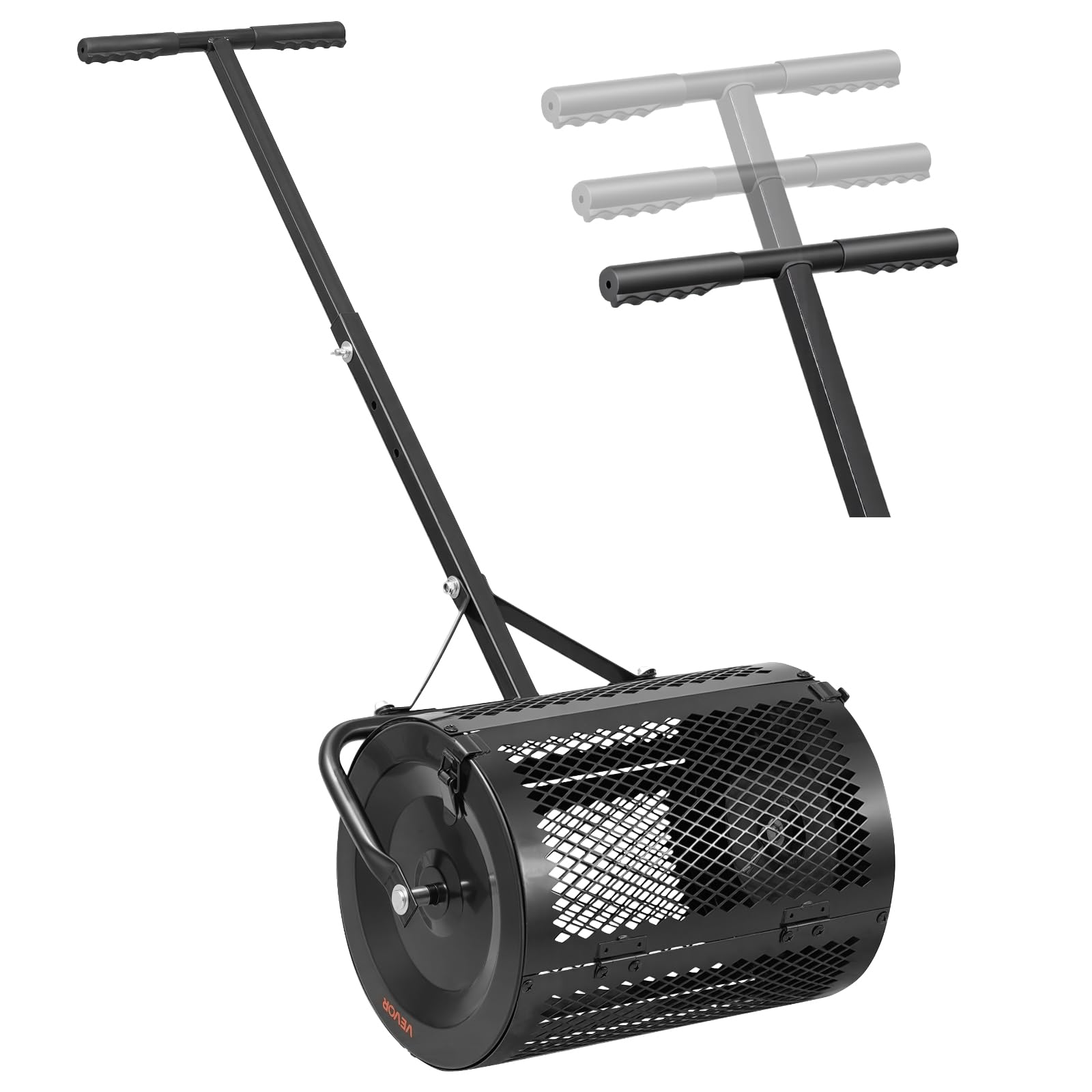 VEVOR Rouleau Épandeur à Compost 42 cm Épandeur Mousse de Tourbe à Rouleau Treillis pour Épandage Gazon Fumier Sel de Déneigement, avec Poignée en T, 3 Hauteurs Réglables, en Acier Thermolaqué, Noir