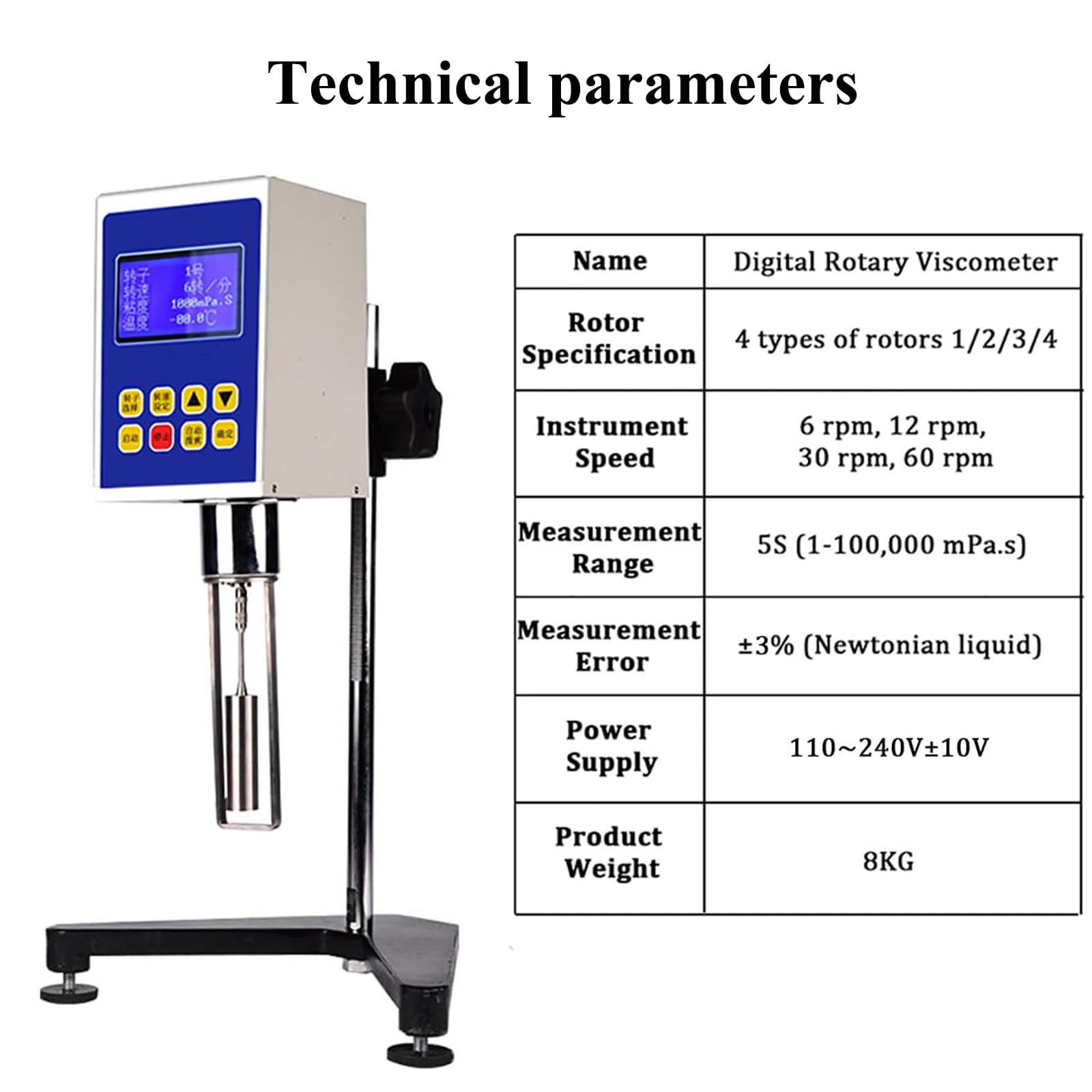 Viscosímetro digital giratorio con pantalla LCD, 4 rotores, rango de medición 1-100000 mPa.s, ± 3% de precisión, 4 velocidades para viscosidad de fluidos y reología
