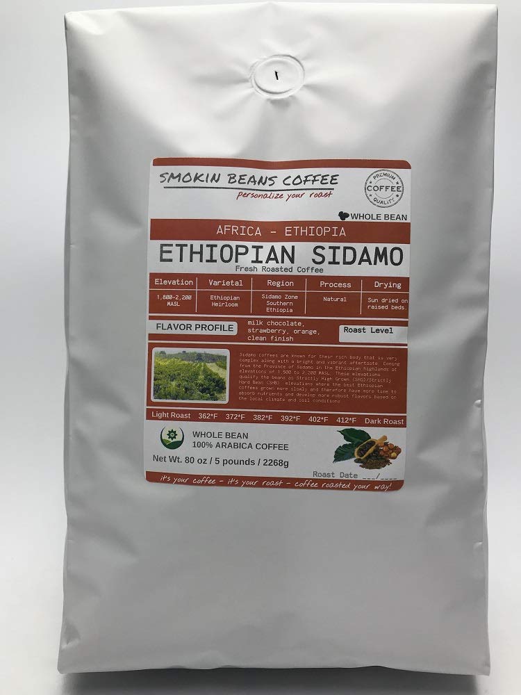 5-Pound Ethiopia Sidamo Freshly Roasted Coffee, Natural Processing, Medium Roast, Premium Whole Bean Specialty Coffee