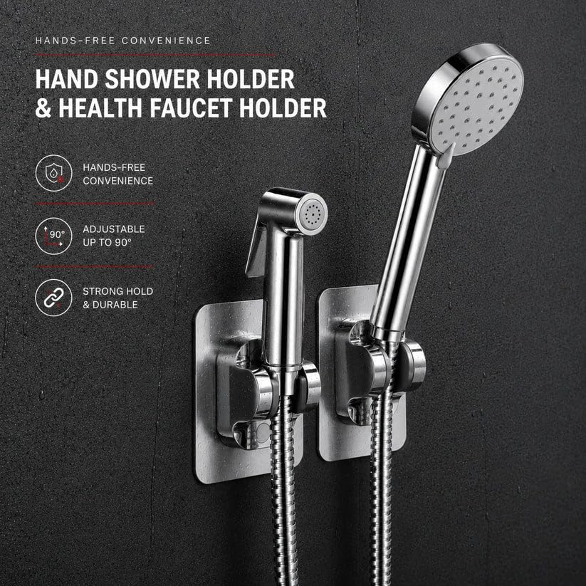 Image of Self Adhesive Jet Spray & Hand Shower Holder for Bathroom | No Drill Wall Mount | Chrome Finish ABS Health Faucet Bracket Adjustable Tilt | Waterproof, Rust Resistant
