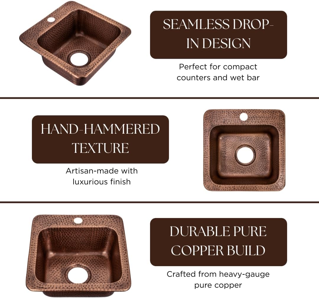 Monarch Abode Kitchen & Bar Sink – 15-inch Baxter Drop in Small Bar Sink, Hand Hammered Pure Copper Sinks with Faucet Hole for Wet Kitchens, Decorative Kitchen Sinks, Single Drop in RV Sinks