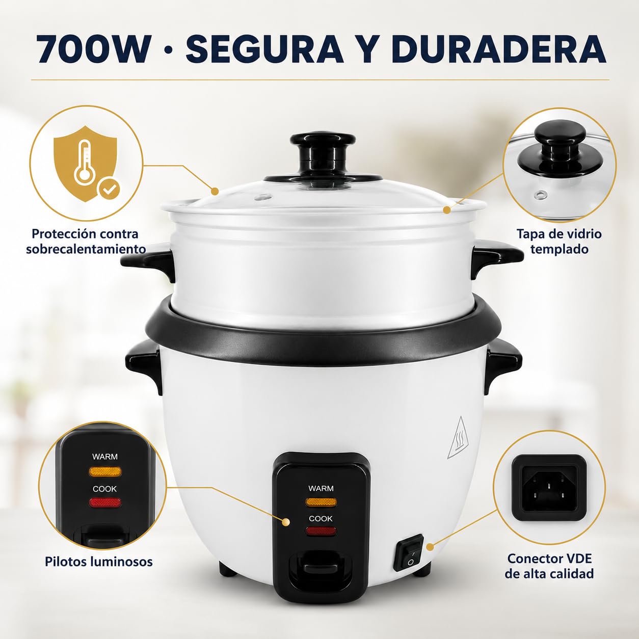 Arrocera Eléctrica 700W, Vaporera, Cuba Antiadherente, 7-8 Raciones (1,8L) | Función mantener caliente, tapa de vidrio, protección térmica y accesorios.