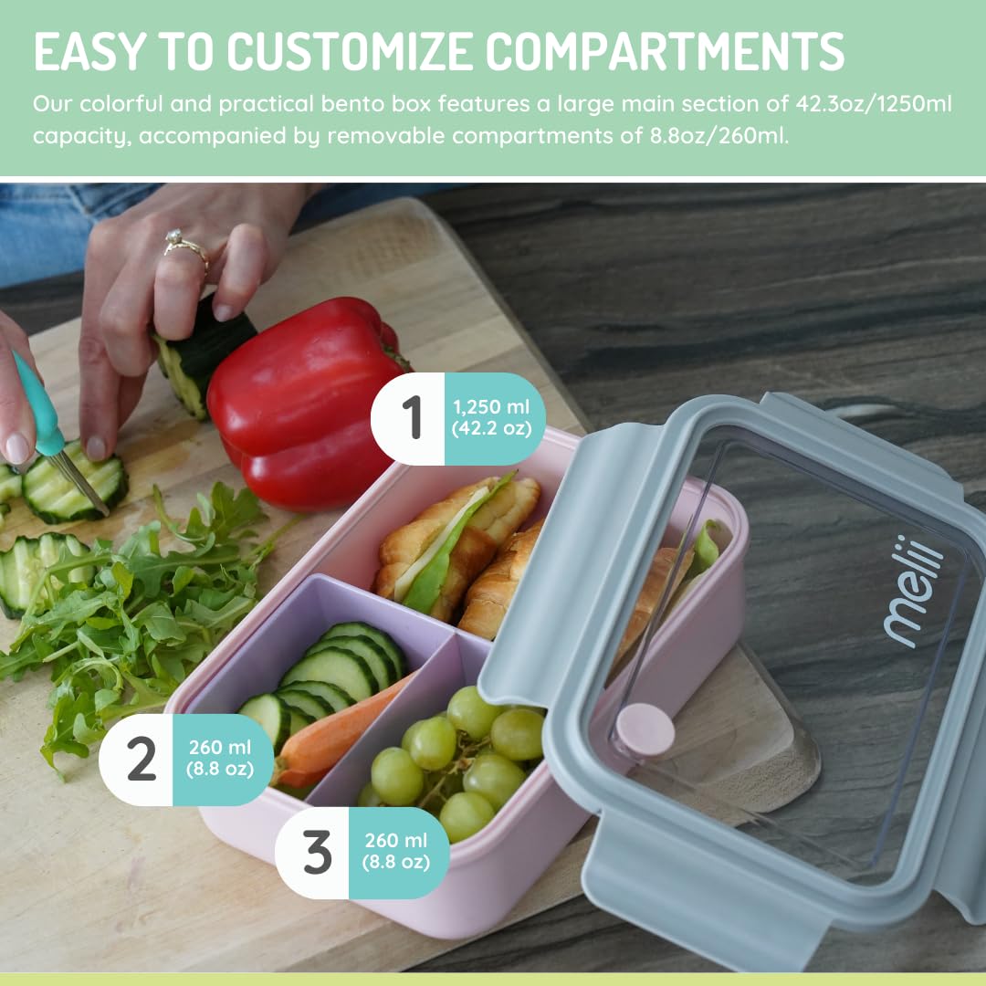 Melii Puzzle Bento Box – 3-Compartment Food Container, 28.6 Oz – 2-Pack In Assorted Colors - View #4