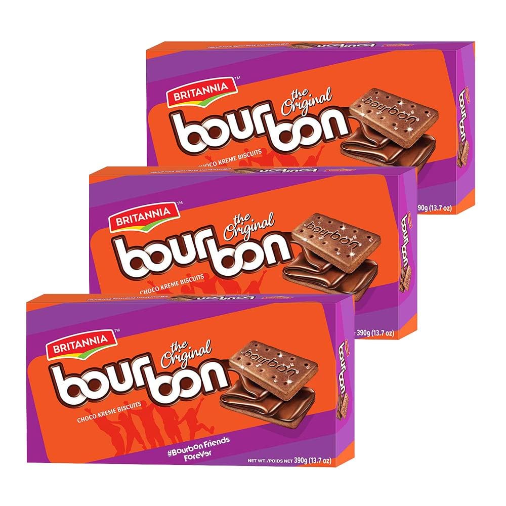 Britannia Bourbon the Original - Choco Creme Biscuits 13.7oz (390g) Smooth Chocolate Cream for Breakfast & Snacks Topped with Sugar Crystals (Pack of 3) 41.28 Ounce