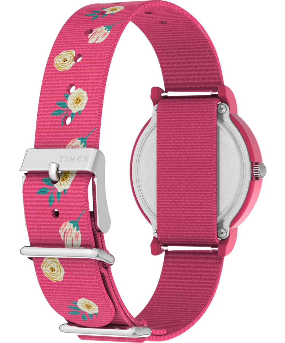 Timex TW2W83200 Peanuts Color Rush Floral Damen-Armbanduhr, 34 mm, rosa Stoffarmband und weißes Zifferblatt