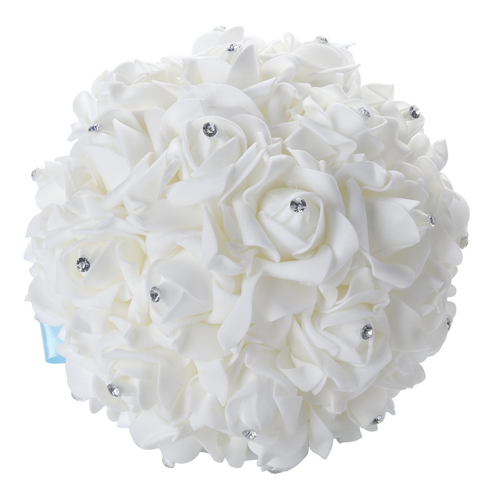 Hochzeitsstrauß, groß, himmelblau, Brautjungfernstrauß, Brautstrauß mit Kristallen, weichen Bändern, künstliche Rosenblumen für Hochzeit, Party und Kirche (Himmelblau-große Größe)