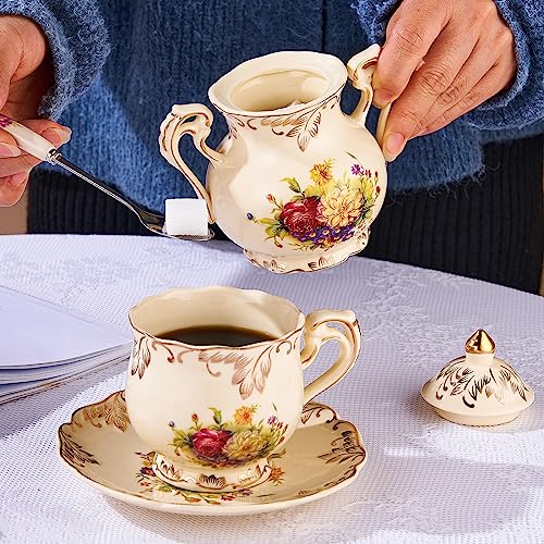 Yolife Ceramic Sugar And Creamer Set, Vintage Ivory Flowering Shrubs Golden Leaves Edge Porcelain Creamer Sugar Bowl With Lid Coffee Server Set Gifts #TOP6