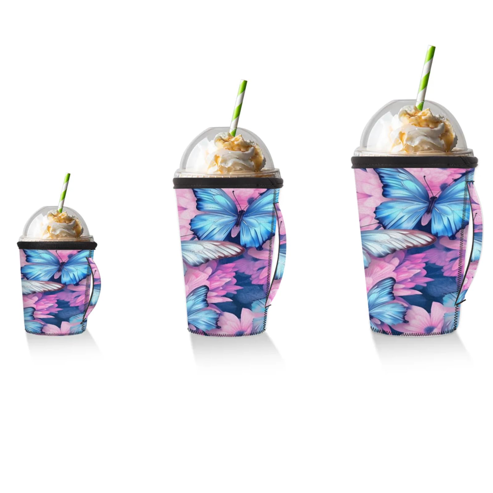 Flower Butterflies Reusable Neoprene Coffee Sleeve with Handle Insulated Iced Coffee Cup Holder Reduces Condensation Fits 24-28 oz Cups M