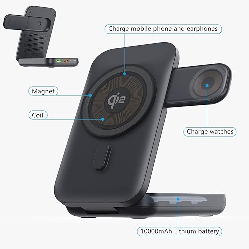 Miniatura 8 de QI2 Certificado 15W plegable 3 en 1 para Apple carga magnética Treasure Soporte de carga inalámbrica para iPhone15 pro Ultra S8 (negro) 10000mAh