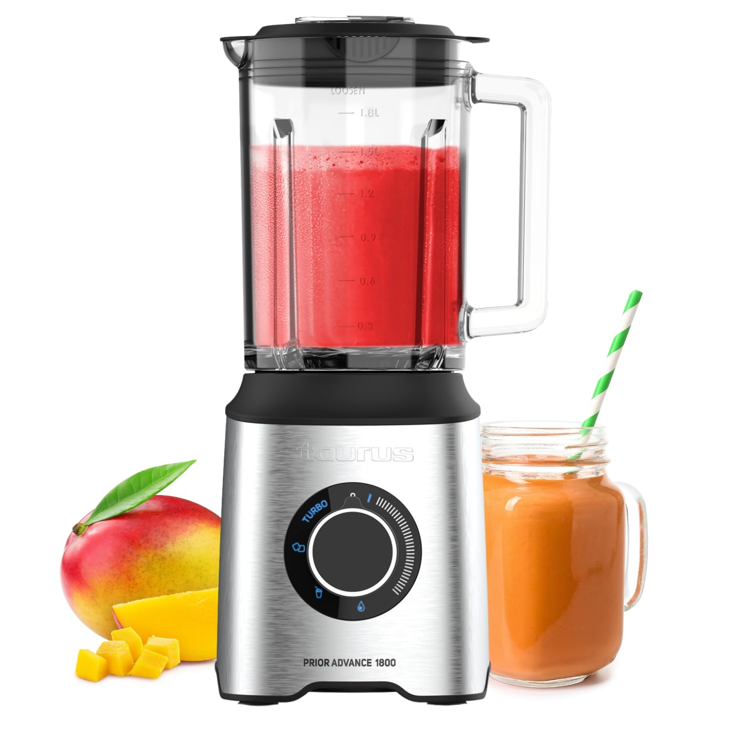 Taurus - Batidora de Vaso Potente 1800W | 20 Velocidades TURBO + 4 Funciones| Picahielo | Smoothie | Apto para Lavavajillas | 6 Cuchillas | BPA Free