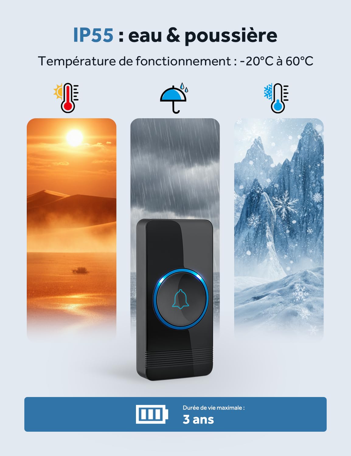 AVANTEK Sonnette sans Fil, Bouton de Sonnette, Carillon de Porte étanche IP55 avec 1 récepteurs enfichables, Flash LED, 5 Niveaux de Volume, 52 mélodies, portée de Fonctionnement de 400 m, Noir