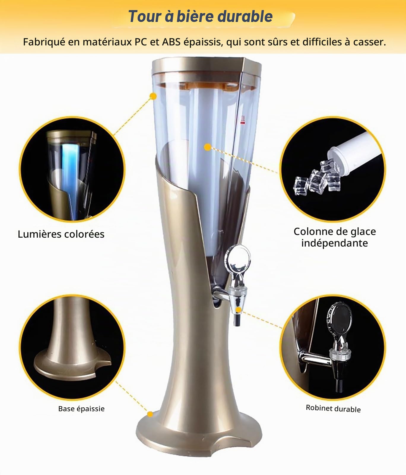Girafe Biere Distributeur de Boissons à Bière avec Tube à Glaçons et Éclairage LED, Tour à Boissons Margarita Mimosa de Table pour Bars, Distributeur de Boissons(Gold,2 L)