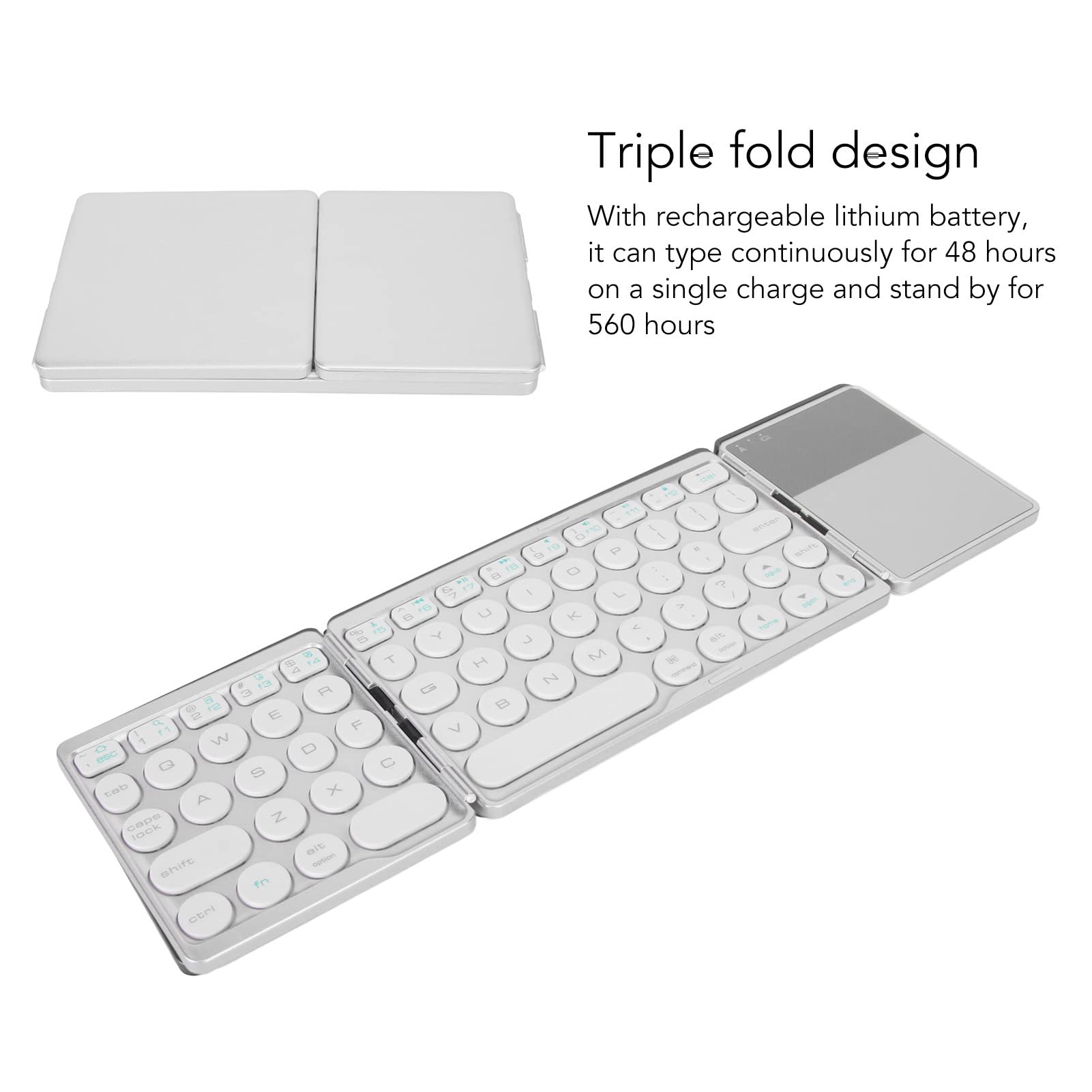 ASHATA Tastiera Bluetooth Pieghevole con Touchpad, Tastiera Bluetooth Pieghevole Portatile Mini Tastiera Wireless Ultrasottile per iOS Android Windows PC Tablet Smartphone (Silver)