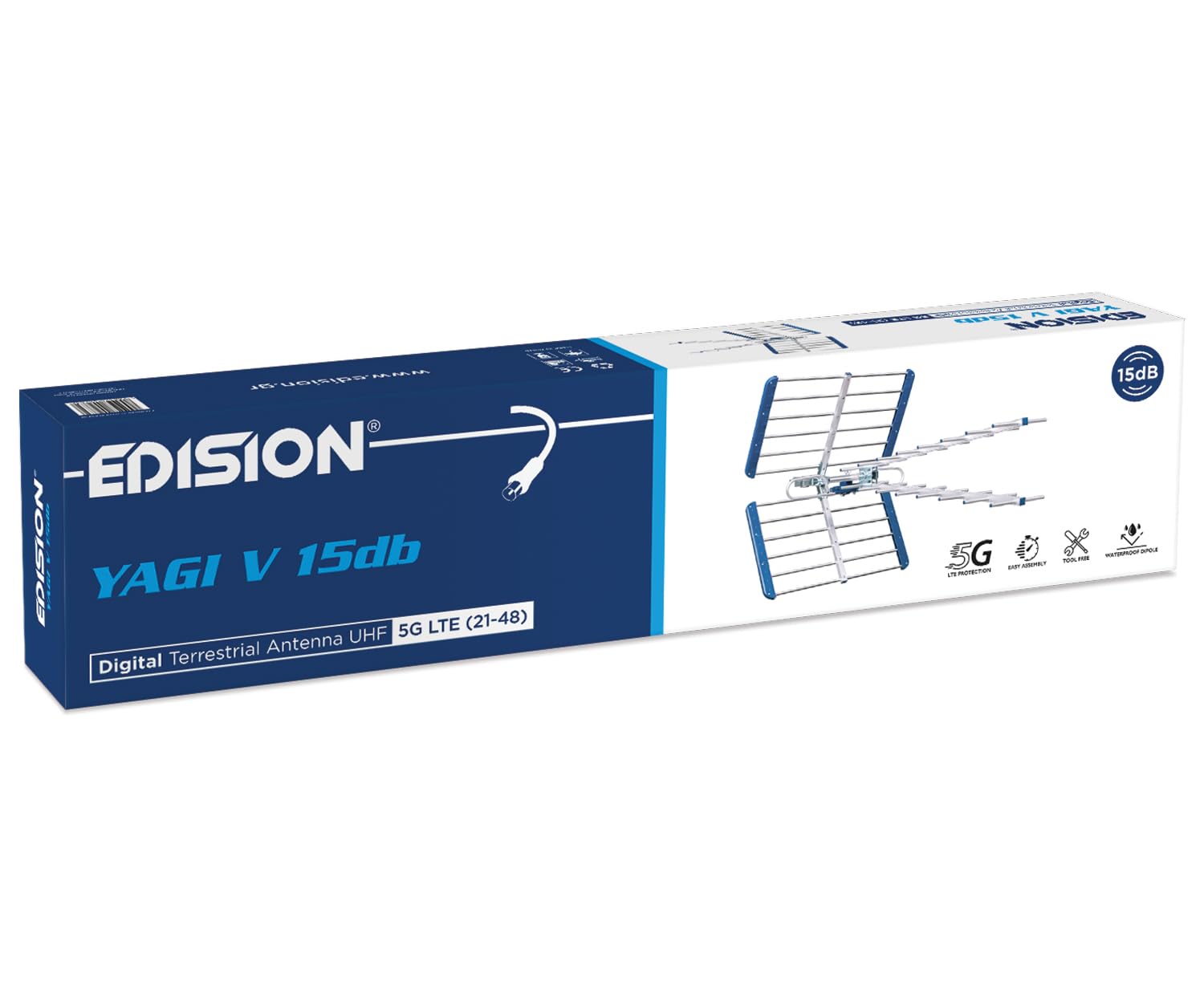 EDISION YAGI V 15db Antenna TV Digitale Terrestre UHF 21-48 esterno, con filtro 5G LTE, per Ricezione il segnale Digitale Terrestre DVB-T/T2, Frequenze 470-694Mhz, Lunghezza 105cm, LTE700, Blu