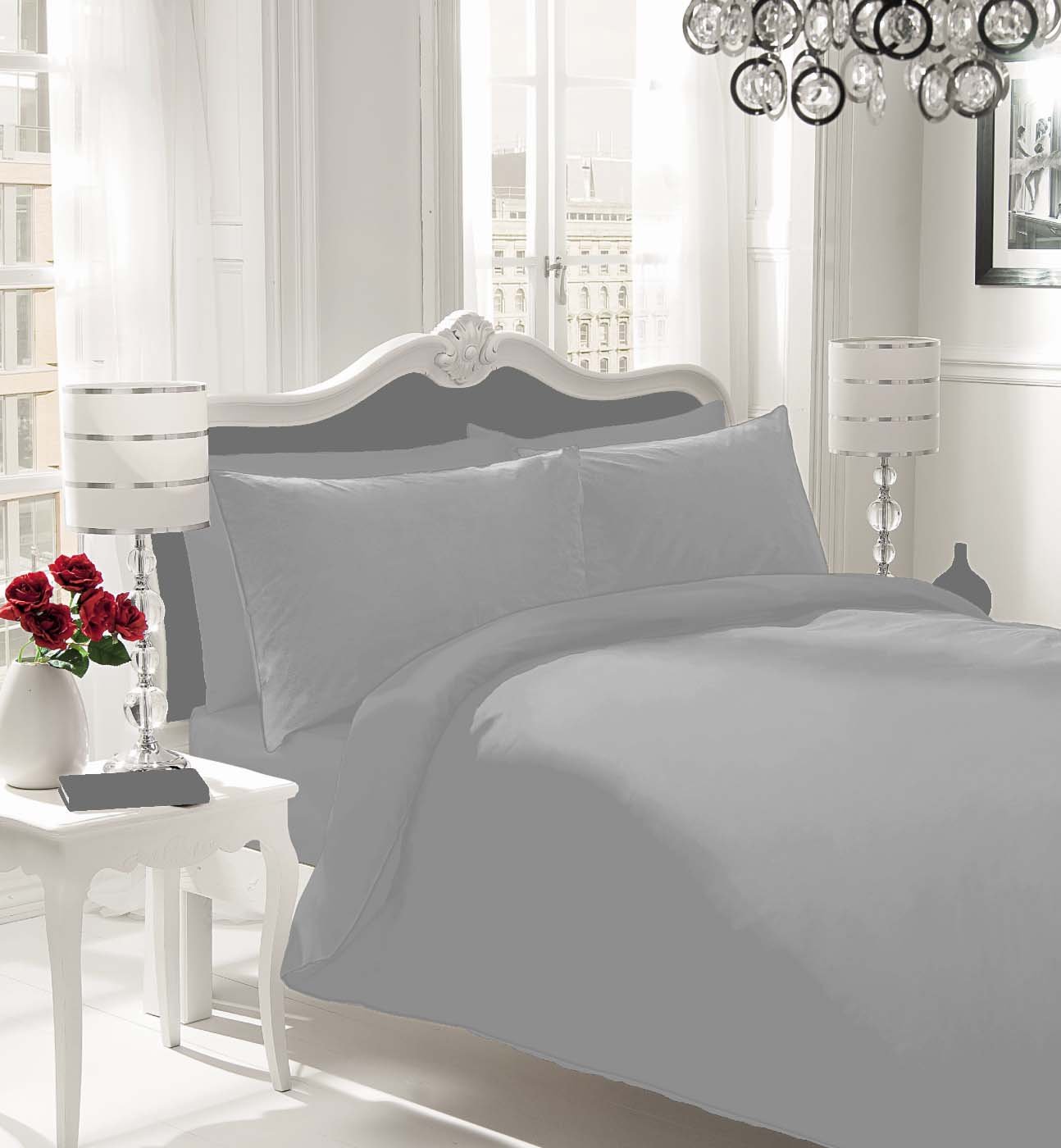 PLAIN Duvet Quilt Cover & Pillowcase Quilt Bedding Set- SINGLE DOUBLE KING SIZE (Silver, King)