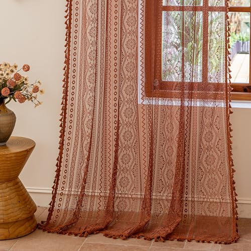 Image of MYSKY HOME Terracotta Boho Lace Sheer Curtains 96 inch Length 2 Panels Burnt Orange Floral Vintage Bohemian Crochet Geometry Curtains with Tassels for Living /Dining Room Rod Pocket Home Decor, 55 inch W