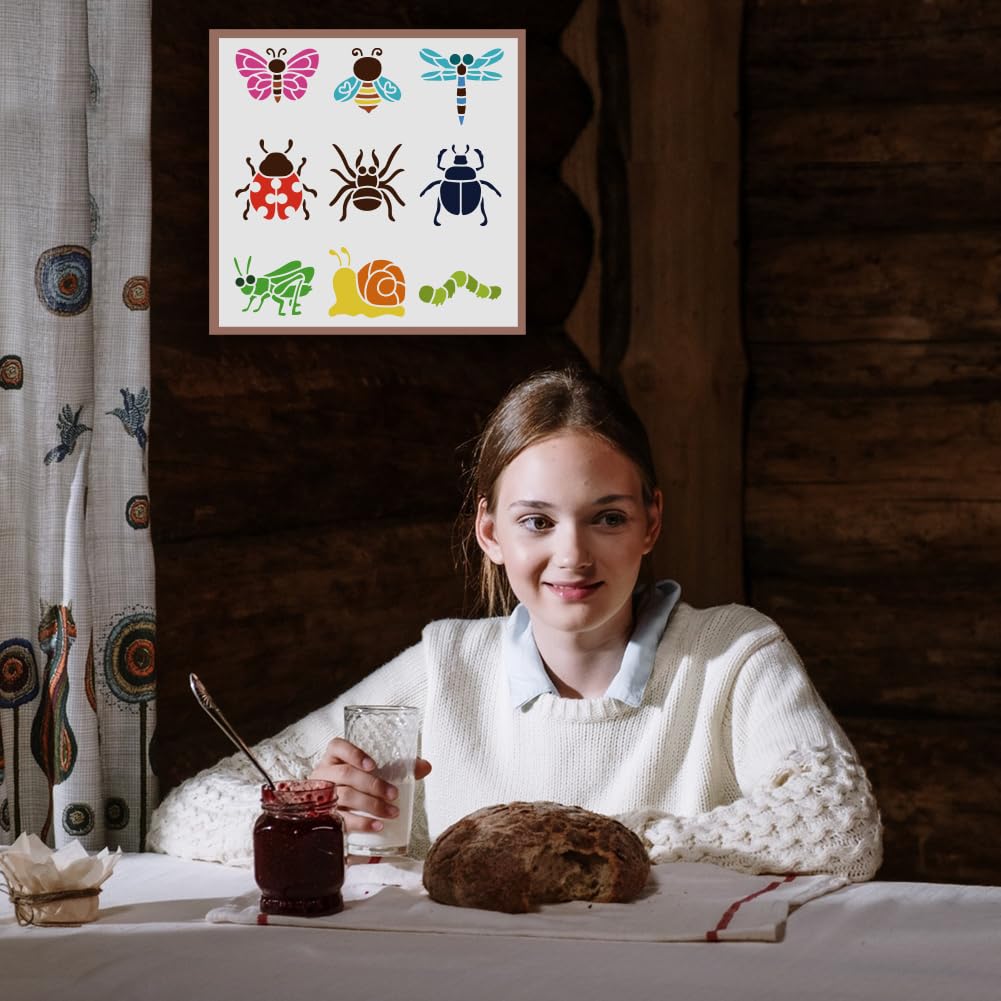 FINGERINSPIRE Cartoon Tiere Schablone Zum Malen 30x30 cm Ausgehöhlter Schmetterling Biene Libelle Marienkäfer Zeichenvorlage Große Spinne Skarabäus Grille Schnecke Raupen Schablone Für Kunsthandwerk