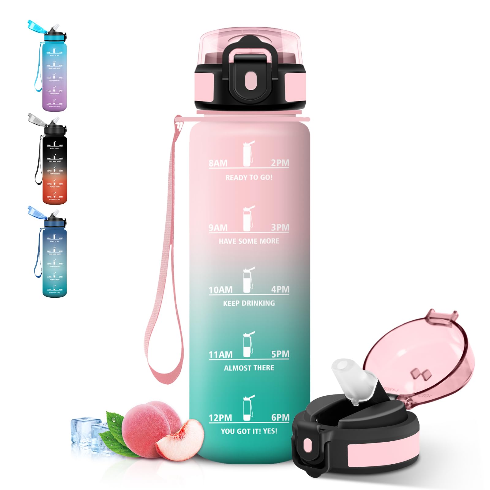 Grsta Borraccia 1 litro, Senza Perdite Borraccie Palestra, con Indicatore del Tempo, Borracce con Cannuccia, Bottiglia Motivazionale per Scuola, Fitness, Campeggio