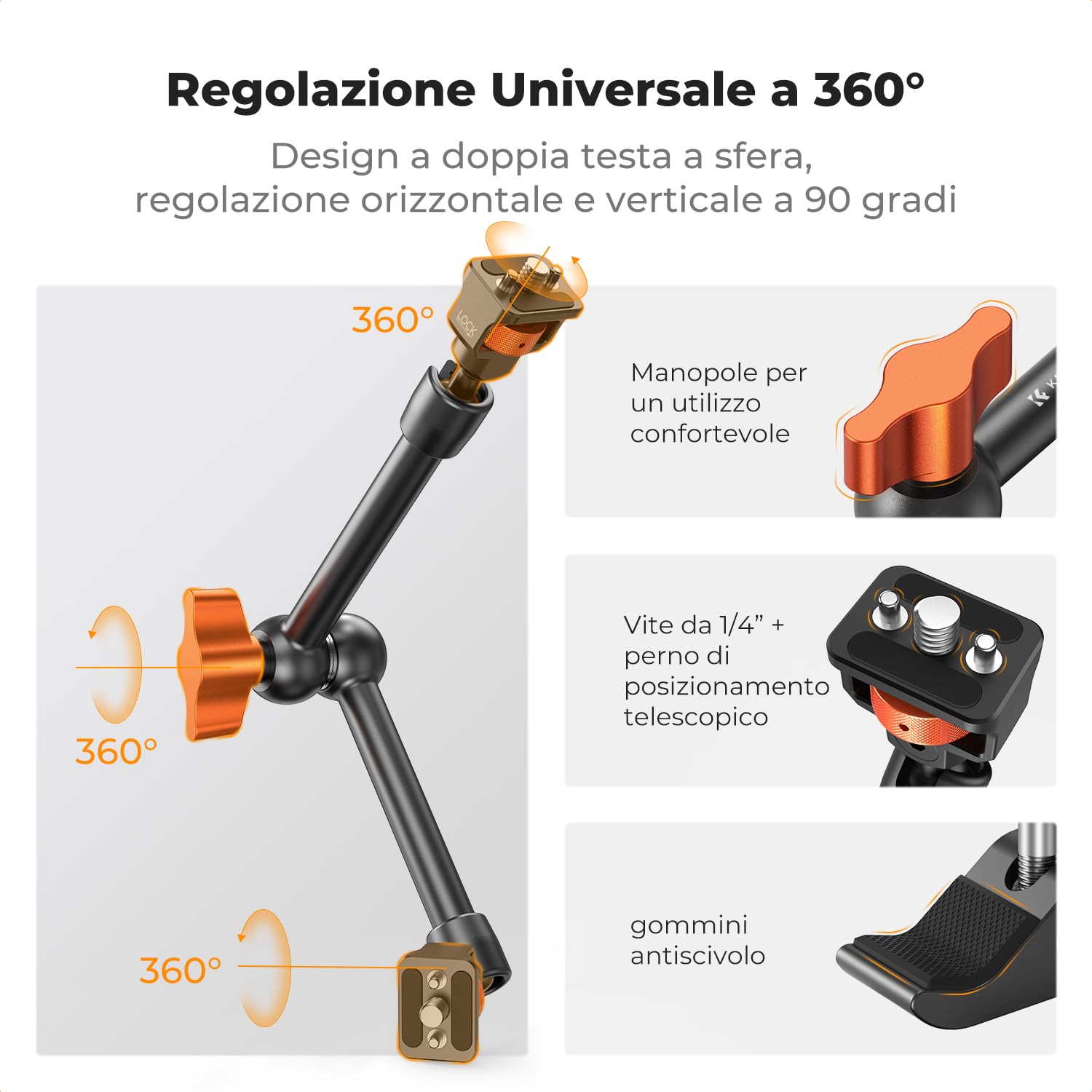 K&F CONCEPT Braccio Magico 11" con Super Clamp, Viti 1/4" e 3/8" | Braccio magico regolabile per monitor, fotocamera, luce LED e microfono, capacità di carico fino a 2 kg - MS33