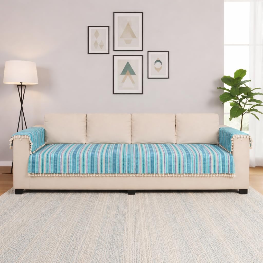 Gifts Island Cotton Woven 4 Seater Sofa Cover Mat with 2 Hand Rest Cover - Blue & White Strips Design - Washable Fabric with Tassels - Sofa Cover Mat for Modern Living Room (Blue, 4 Seater)-image-33