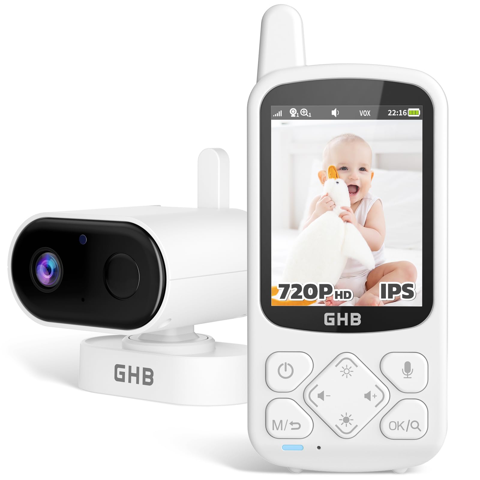 GHB Baby Monitor 2.8", 2000mAh Batteria, Schermo IPS HD Audio Bidirezionale, VOX Visione Notturna, Monitoraggio Temperatura, 8 Ninne Nanne