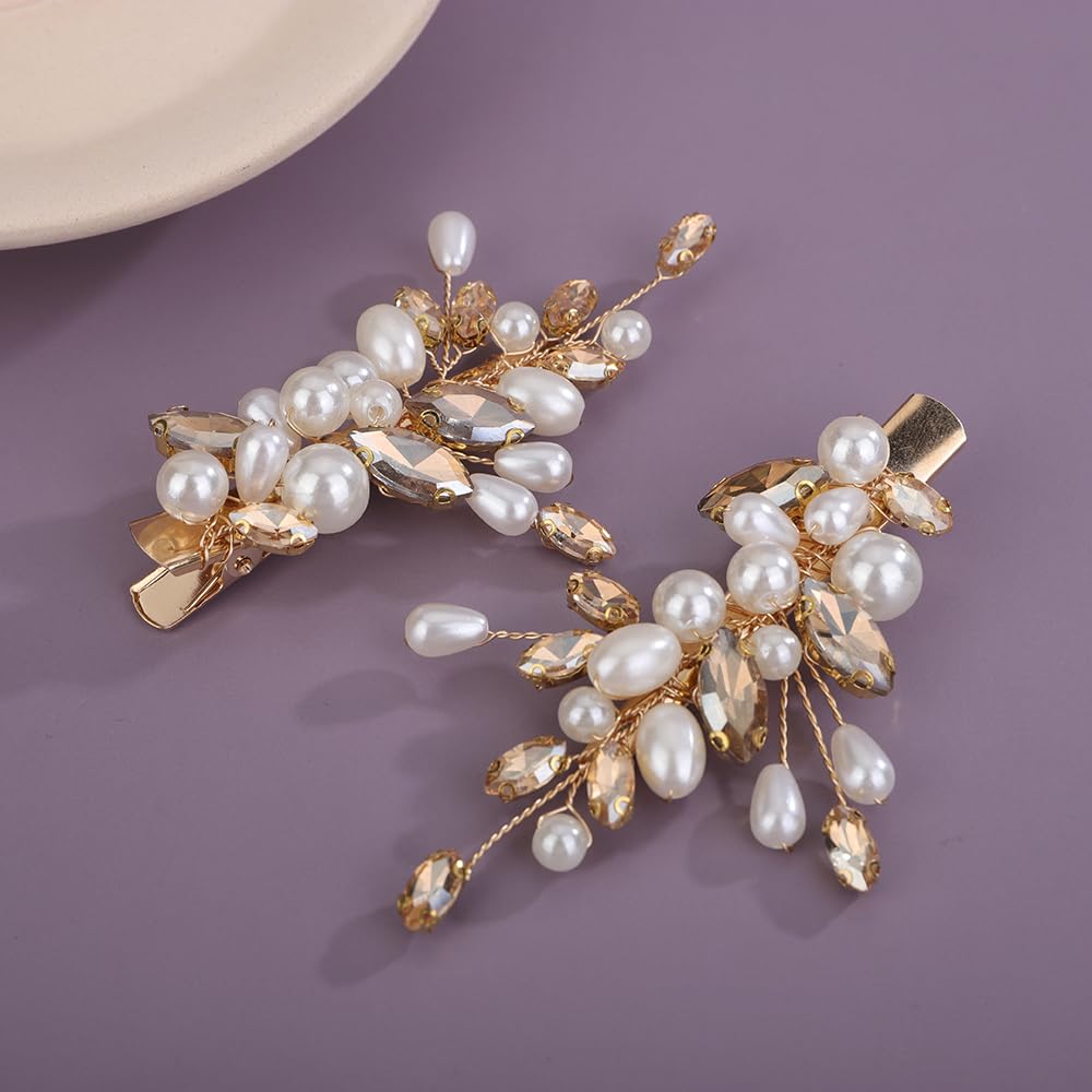 Teyglen 2 pinzas para el pelo de boda con perlas de cristal champán, pasadores para el pelo con diamantes de imitación, horquillas decorativas para el cabello, accesorios de joyería para el cabello