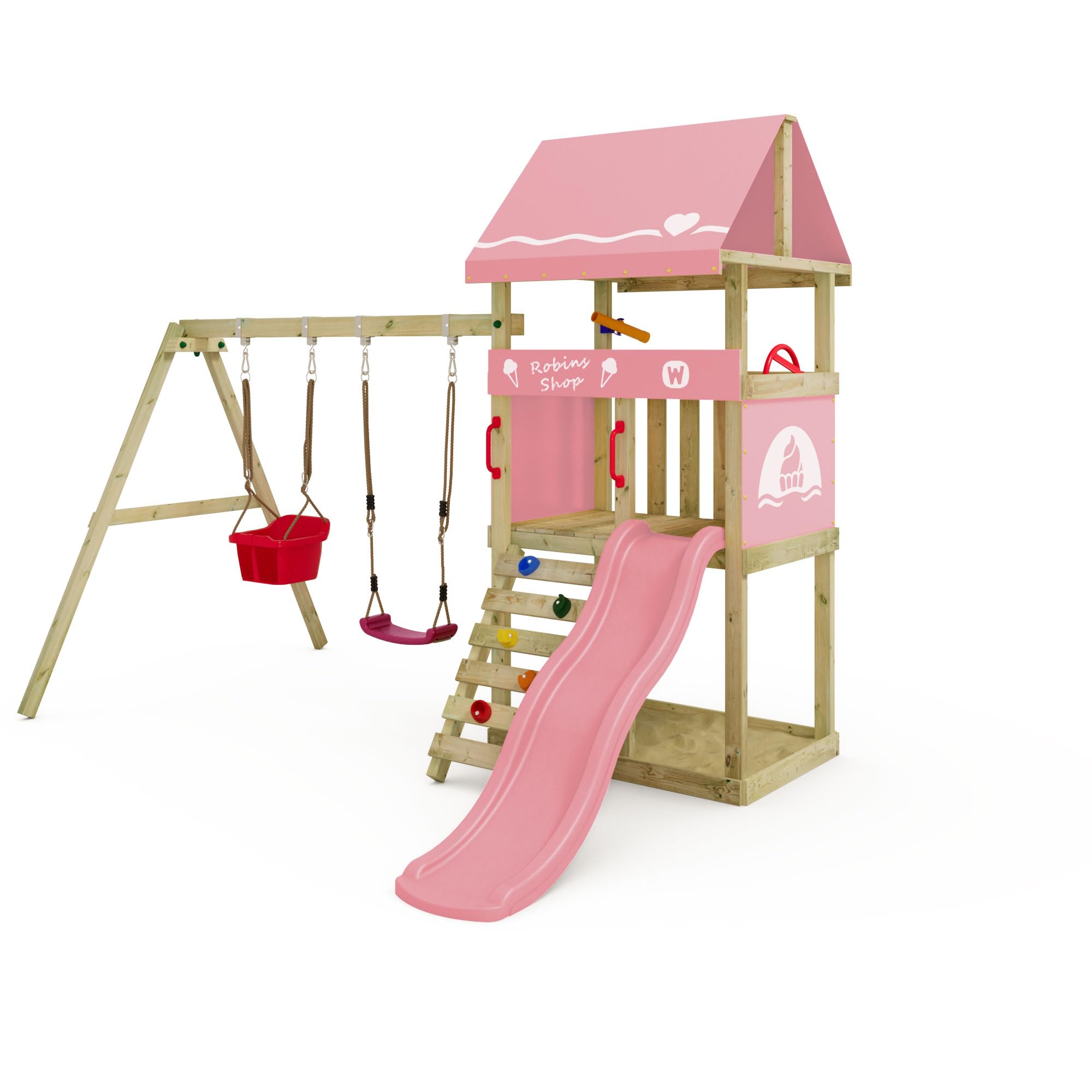 Wickey Parco giochi DinkyHouse con estensione dell'altalena - con scivolo & telone rosa pastello - Torre di arrampicata per bambini per il giardino in legno massiccio - 303x317x247 cm