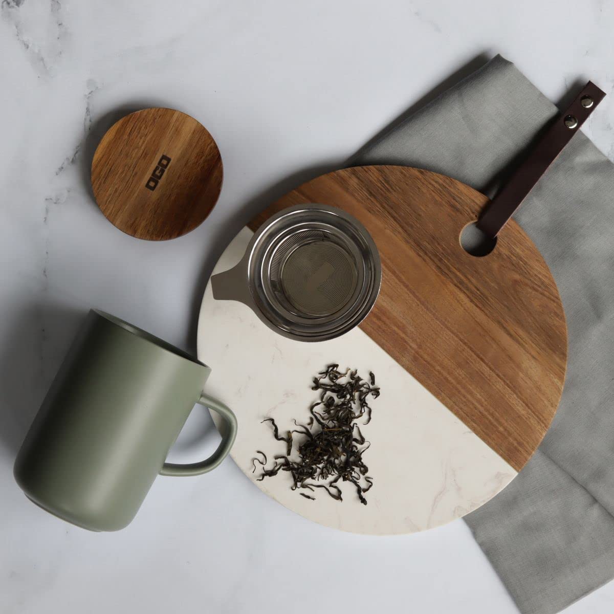 OGO LIVING 7912013 - Tè e tisana Juliet 475 ml - Tazza da tè in gres e coperchio in legno di acacia - verde mandorla