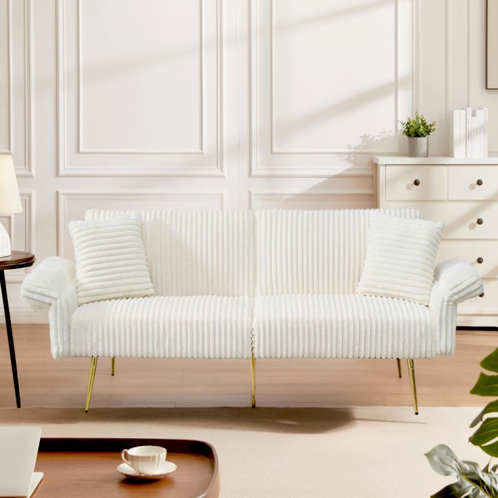 73" Convertible Futon Sofa Bed,Comfy Teddy Fabric Sleeper Couch with 3 Reclining Backrests,Golden Chrome Legs,Modern Cloud Sofa Loveseat for Small