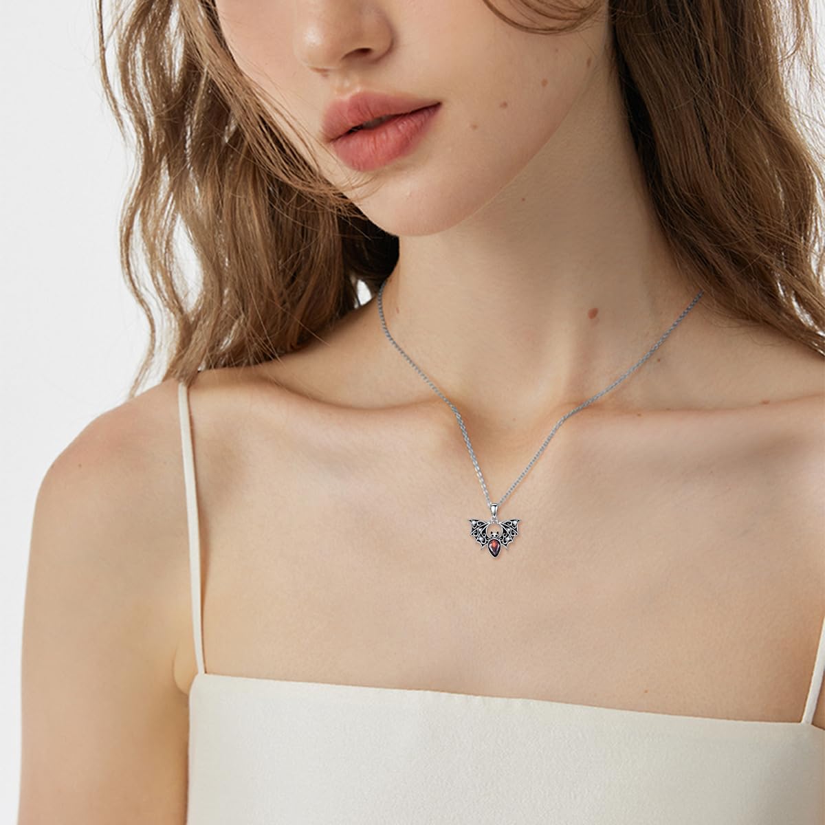 LONAGO Bat necklace 925 Sterling Silver Black Bat with Red Heart Pendant Necklace for Women - Image 2