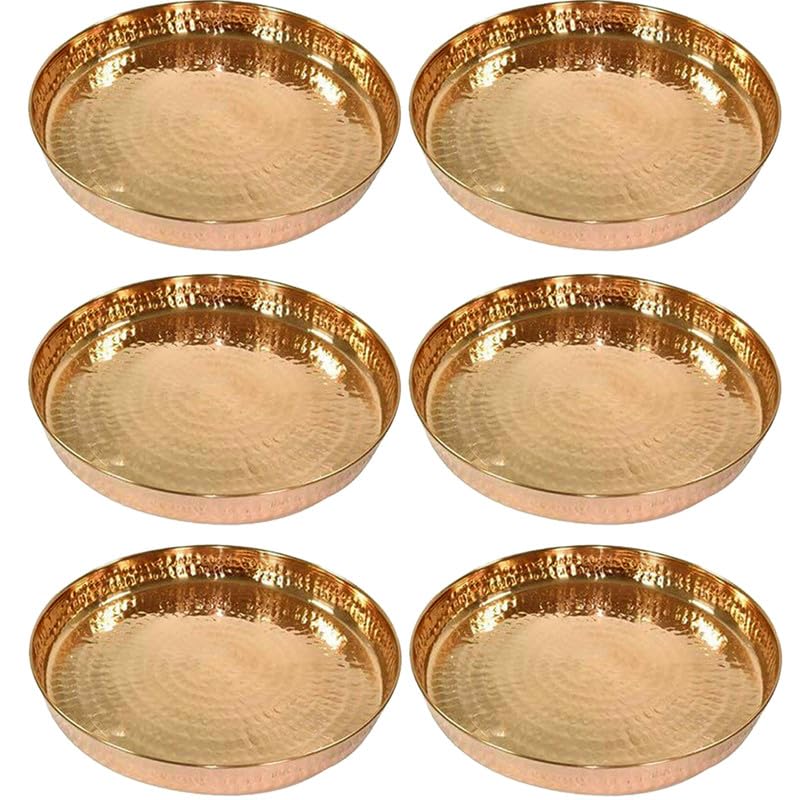 Traditioneller indischer Thali-Teller aus gehämmertem Kupfer, zum Servieren von Mittagessen, Abendessen, Zuhause, Hotel, Restaurant, Geschirr, 30,5 cm, 6 Stück