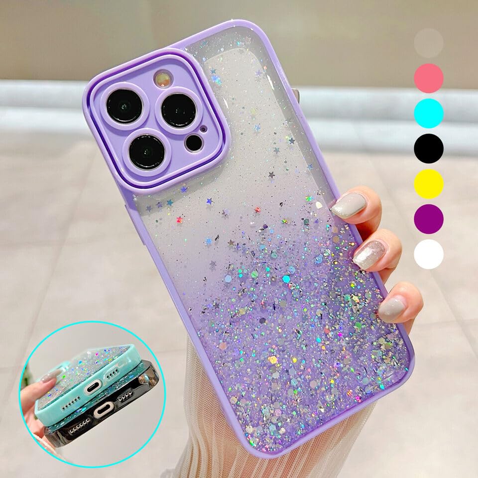 Image of VONZEE Back Cover Compatible for iPhone 15 Pro (6.1 inch), Non Moving Bling Glitter Cover for Girls & Women Soft TPU Shockproof Anti Scratch Drop Protection Covers (Purple)