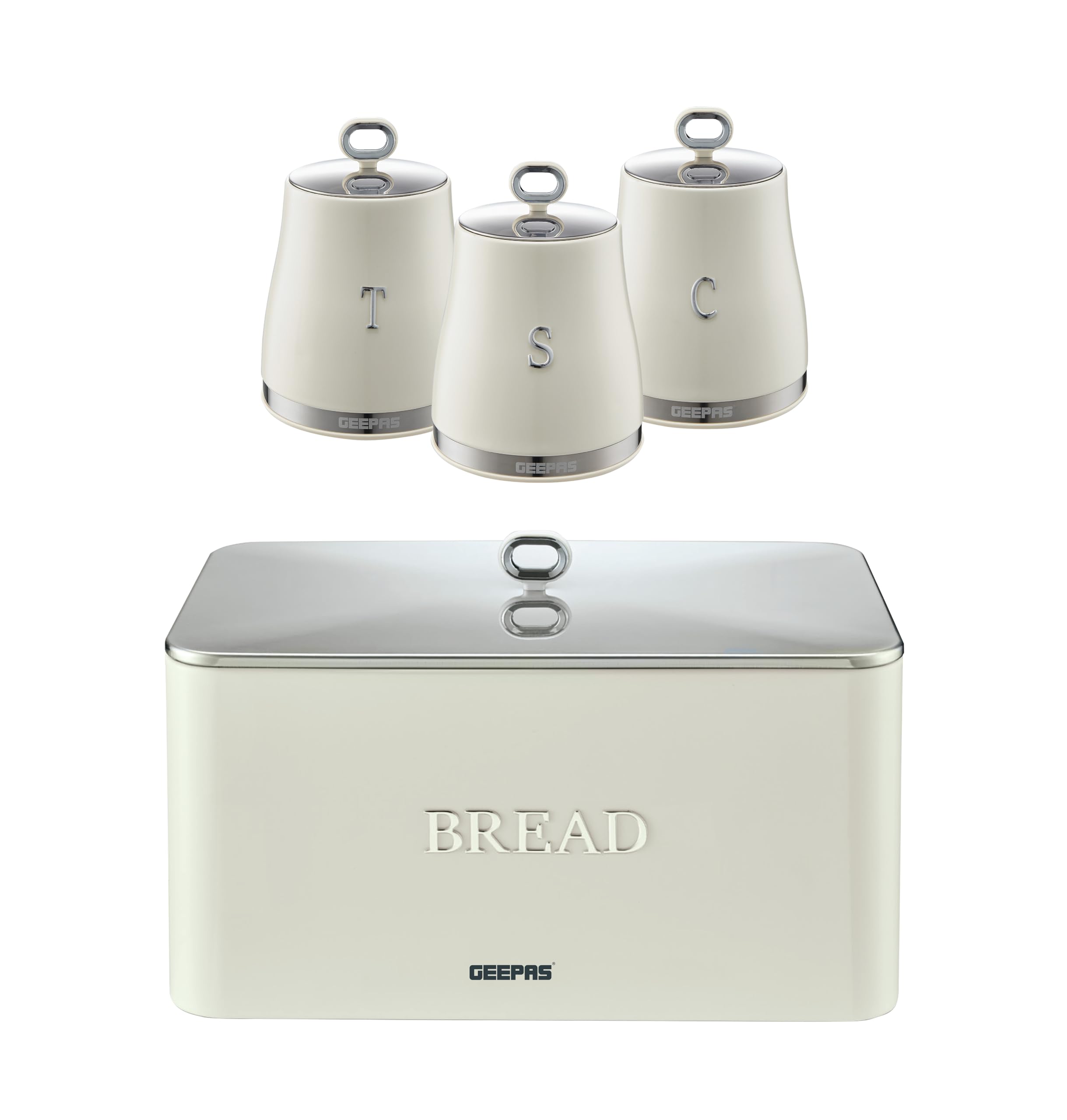 Geepas Cream Retrovive 4 Pc Tea Coffee Sugar 1.4L Canisters & 13L Bread Bin Set In
