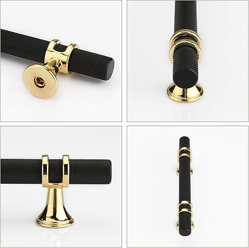 Miniatura 6 de Haliwu Paquete de 6 tiradores de gabinete negros y dorados, tiradores de gabinete moleteados de 3 pulgadas, manijas de gabinete negras de gabinete