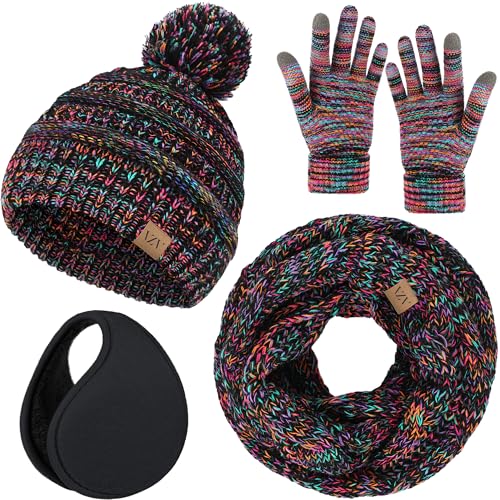 VZV 4-in-1 Winter-Set für Damen, Bommelmütze, Touchscreen-Handschuhe, Strickschal, Fleece-Ohrenschützer (Rainbow Mix, Einheitsgröße)