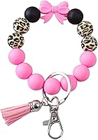 Jesemiah Leopard Print Silicone Beaded Wrist Keychain Bracelet for Women - Bowknot Wristlet Car Key Holder