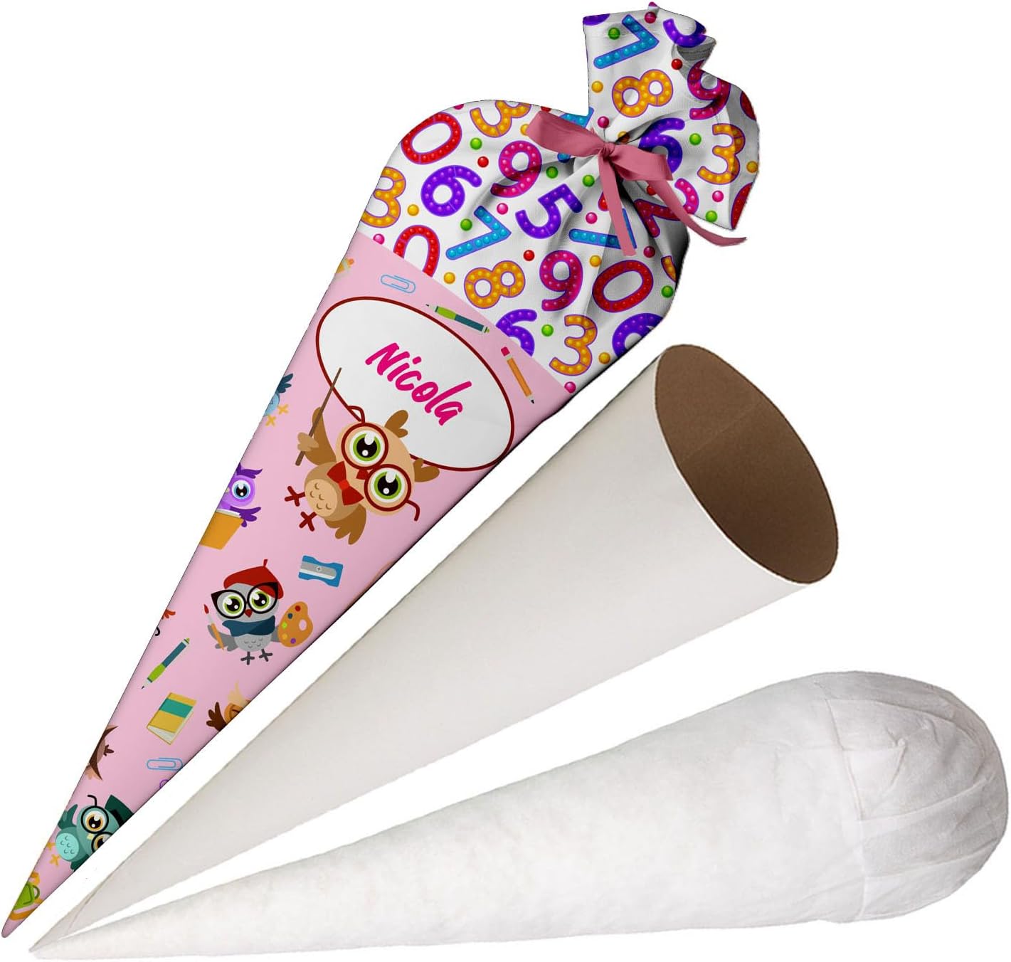 Ferocity School Cone Bag Owl with Name for Girls, Personalized Bag, 70 cm Fabric Sugar Bag with Round Cardboard Blank and Filling, Large Bag as a Pillow [149]