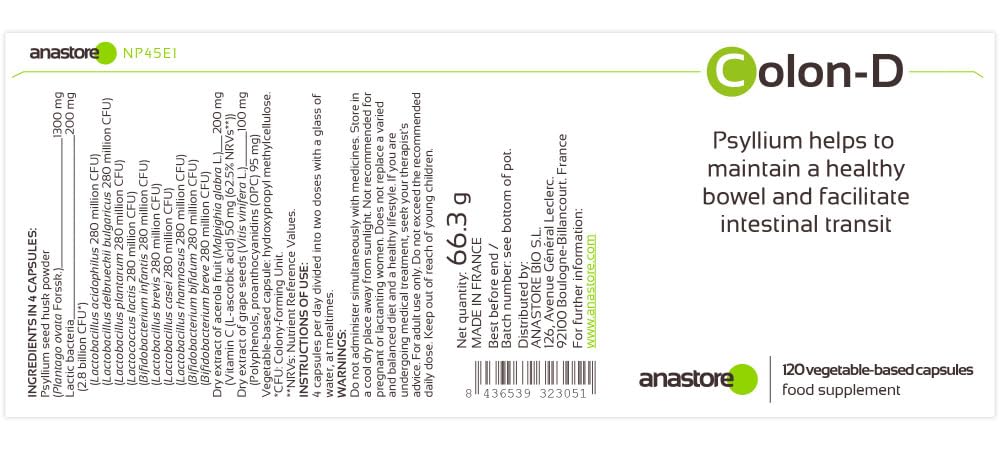 COLON-D ◉ 450 mg / 120 gélules ◉ Bactéries Lactiques, Psyllium, Raisin et Acérola ◉ Digestion