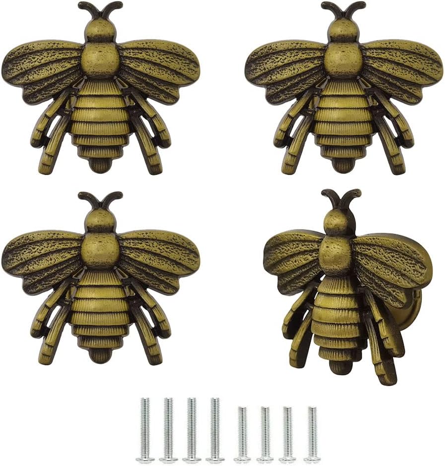 Decorative Bee Cabinet Knobs, Metal Zinc Single Hole Bee Pulls Handles for Kitchen Cupboard Closet Door Furniture Dresser Drawer Hardware - 4pcs (Bronze)