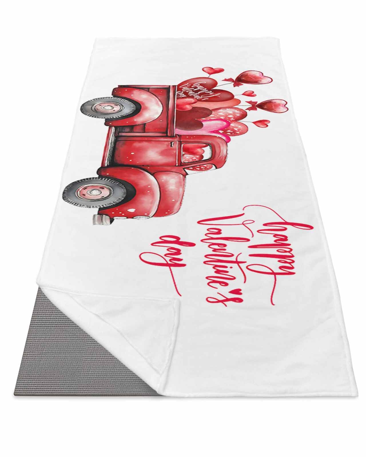 DecorLovee Yoga Mat Towel for Hot Yoga, Valentine Absorb Sweat Microfiber Yoga Towel Non Slip Yoga Mat Towel with 4 Corner Pockets for Bikram, Pilates, Pink Red Love Heart Truck Watercolor 26
