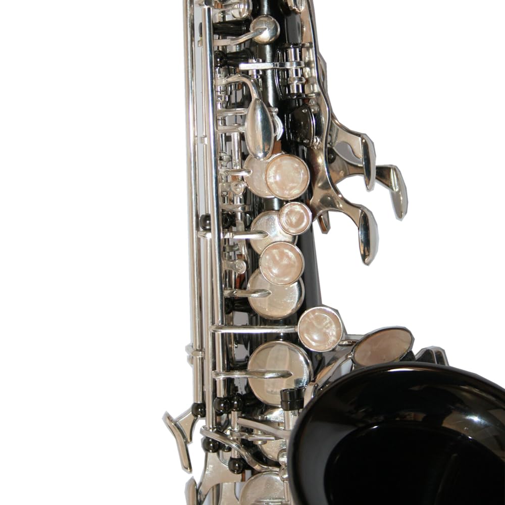 Saxofón soprano curvado, latón, negro cromado con estuche